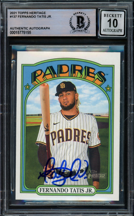Fernando Tatis Jr. Autographed 2021 Topps Heritage Card #137 San Diego Padres Auto Grade Gem Mint 10 Beckett BAS Stock #216675
