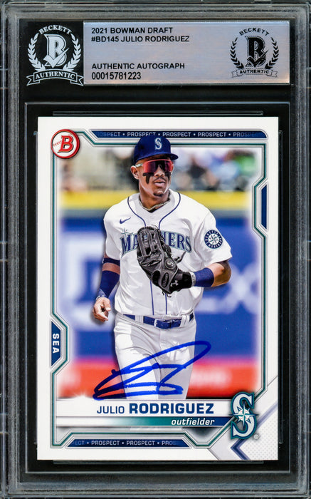 Julio Rodriguez Autographed 2021 Bowman Draft Card #BD-145 Seattle Mariners Beckett BAS Stock #216866