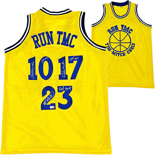 Golden State Warriors Chris Mullin, Tim Hardaway & Mitch Richmond Autographed Yellow Jersey Run TMC "HOF" Beckett BAS Witness Stock #216822