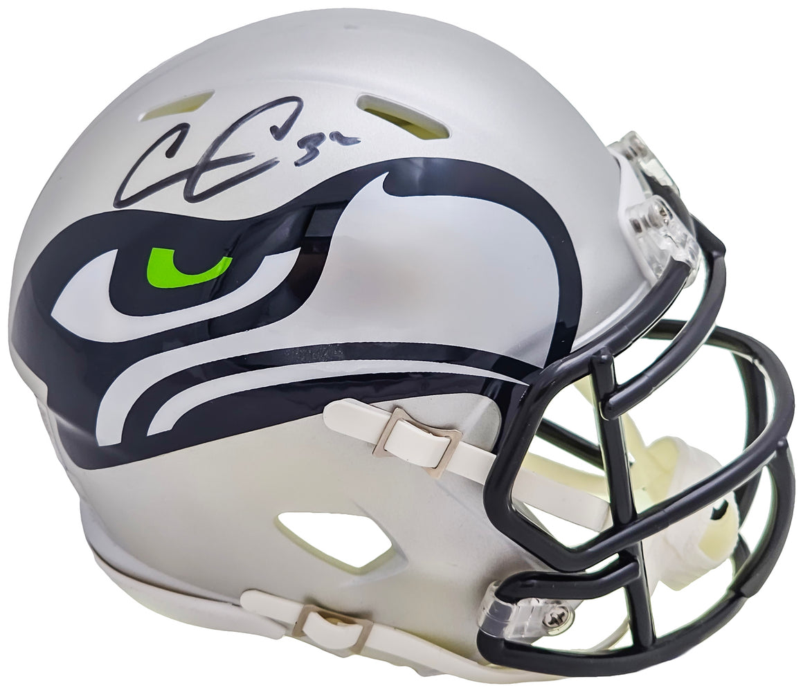 Chris Carson Autographed Seattle Seahawks AMP Gray Speed Mini Helmet Fanatics Holo Stock #216810