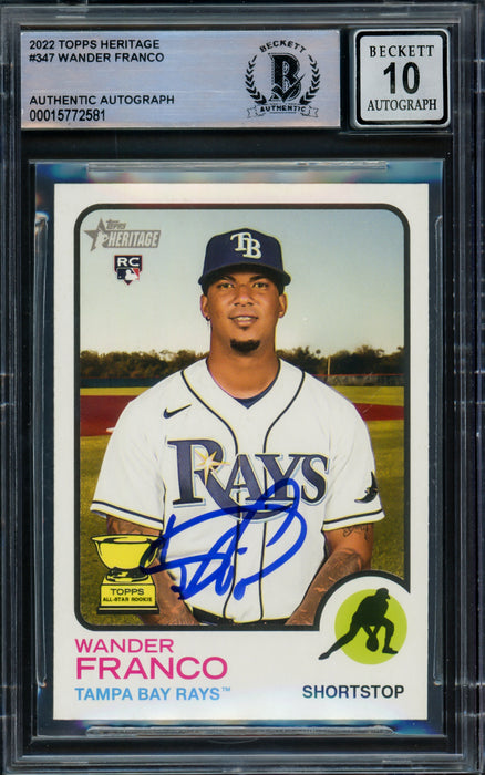 Wander Franco Autographed 2022 Topps Heritage Rookie Card #347 Tampa Bay Rays Auto Grade Gem Mint 10 Beckett BAS #15772581