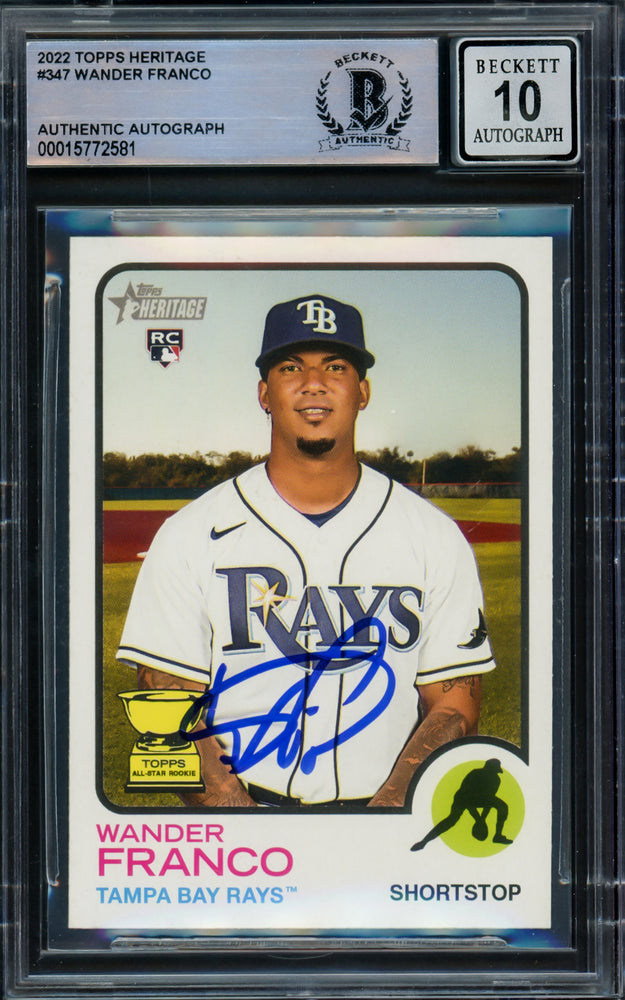 Wander Franco Autographed 2022 Topps Heritage Rookie Card #347 Tampa Bay Rays Auto Grade Gem Mint 10 Beckett BAS #15772581