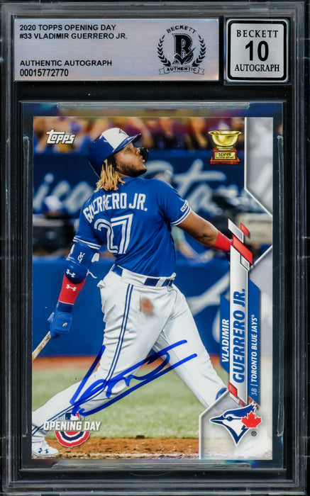 Vladimir Guerrero Jr. Autographed 2020 Topps Opening Day Card #33 Toronto Blue Jays Auto Grade Gem Mint 10 Beckett BAS #15772770