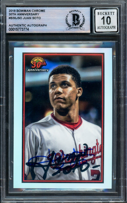 Juan Soto Autographed 2019 Bowman Chrome 1989 Refractor Card #B30-JSO Washington Nationals Auto Grade Gem Mint 10 Beckett BAS #15773774