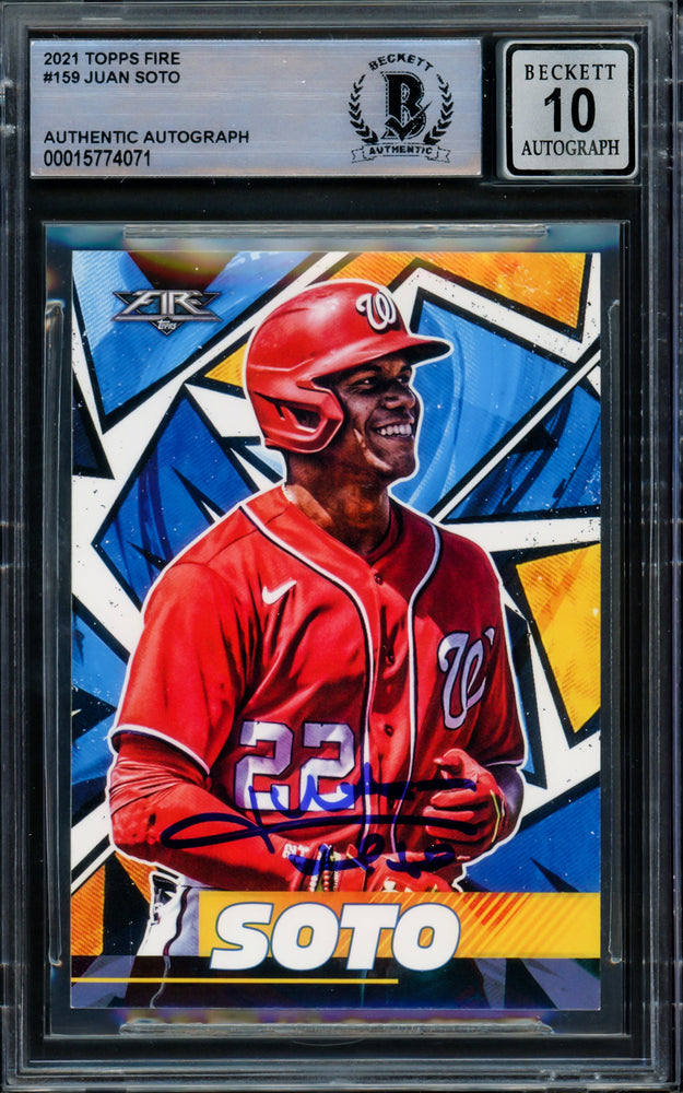 Juan Soto Autographed 2021 Topps Fire Card #159 Washington Nationals Auto Grade Gem Mint 10 Beckett BAS #15774071