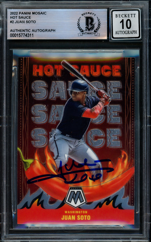 Juan Soto Autographed 2022 Panini Mosaic Hot Sauce Card #HS-2 Washington Nationals Auto Grade Gem Mint 10 Beckett BAS #15774311