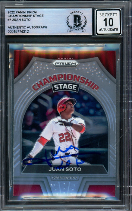 Juan Soto Autographed 2022 Panini Prizm Championship Stage Card #CS-7 Washington Nationals Auto Grade Gem Mint 10 Beckett BAS #15774312