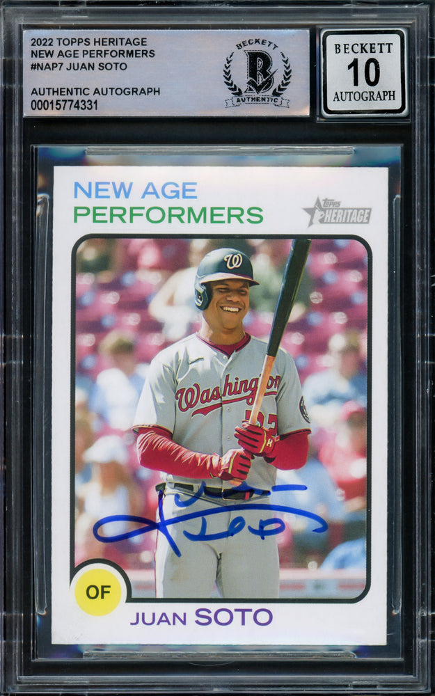 Juan Soto Autographed 2022 Topps Heritage New Age Performers Card #NAP-7 Washington Nationals Auto Grade Gem Mint 10 Beckett BAS #15774331