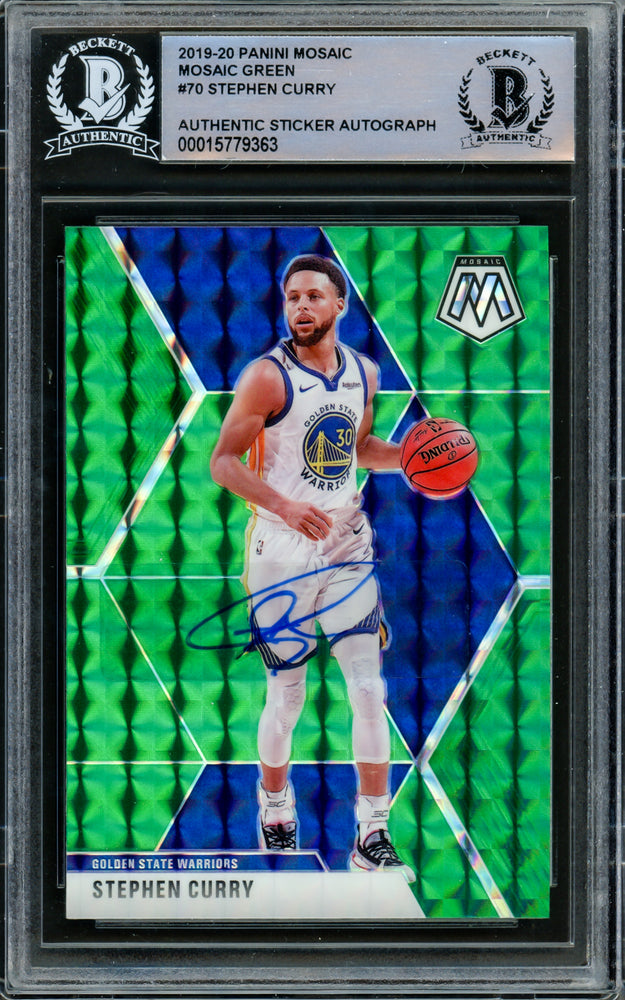 Stephen Curry Autographed 2019-20 Panini Green Mosaic Prizm Card #70 Golden State Warriors Beckett BAS #15779363