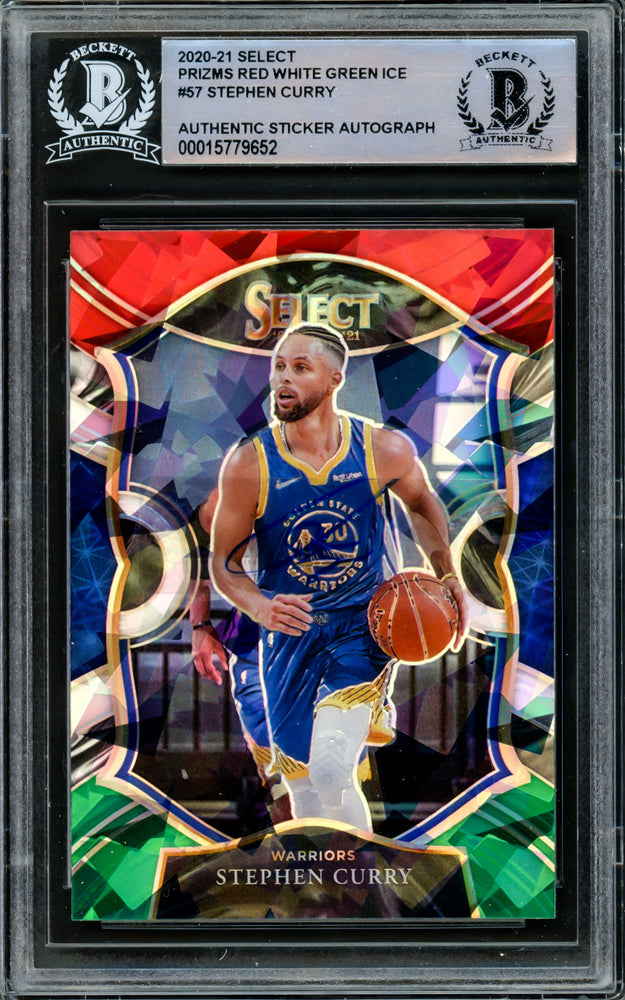 Stephen Curry Autographed 2020-21 Panini Select Red White & Green Ice Prizm Card #57 Golden State Warriors Beckett BAS #15779652