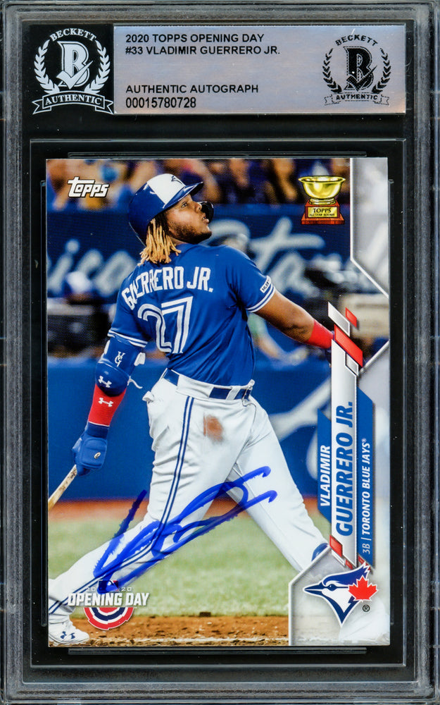 Vladimir Guerrero Jr. Autographed 2020 Topps Opening Day Card #33 Toronto Blue Jays (Smudged) Beckett BAS #15780728