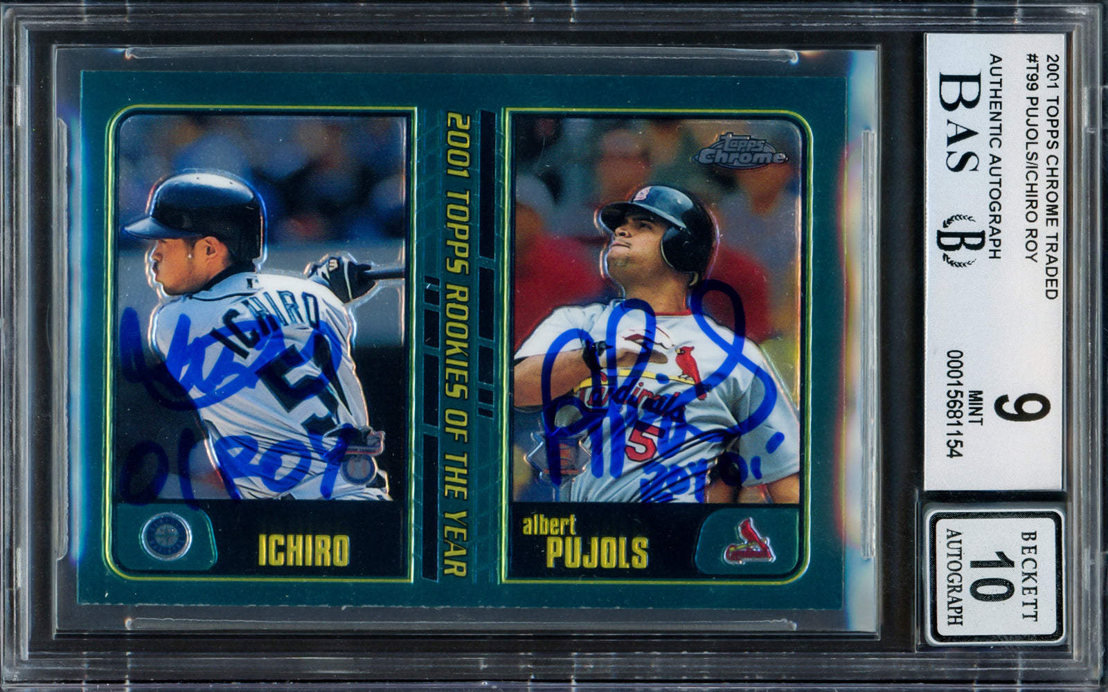 Albert Pujols & Ichiro Suzuki Autographed 2001 Topps Chrome Traded Rookie Card #T99 BGS 9 Auto Grade Gem Mint 10 "01 ROY" Beckett BAS #15681154