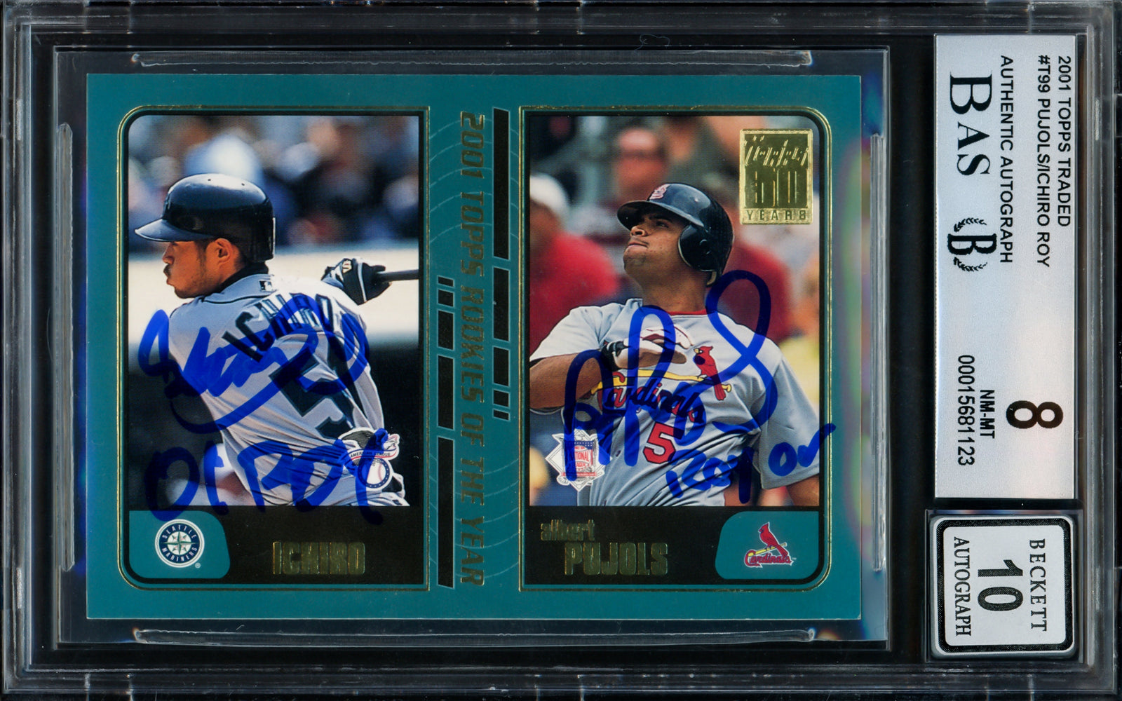 Albert Pujols & Ichiro Suzuki Autographed 2001 Topps Traded Rookie Card #T99 BGS 8 Auto Grade Gem Mint 10 "01 ROY" Beckett BAS #15681123
