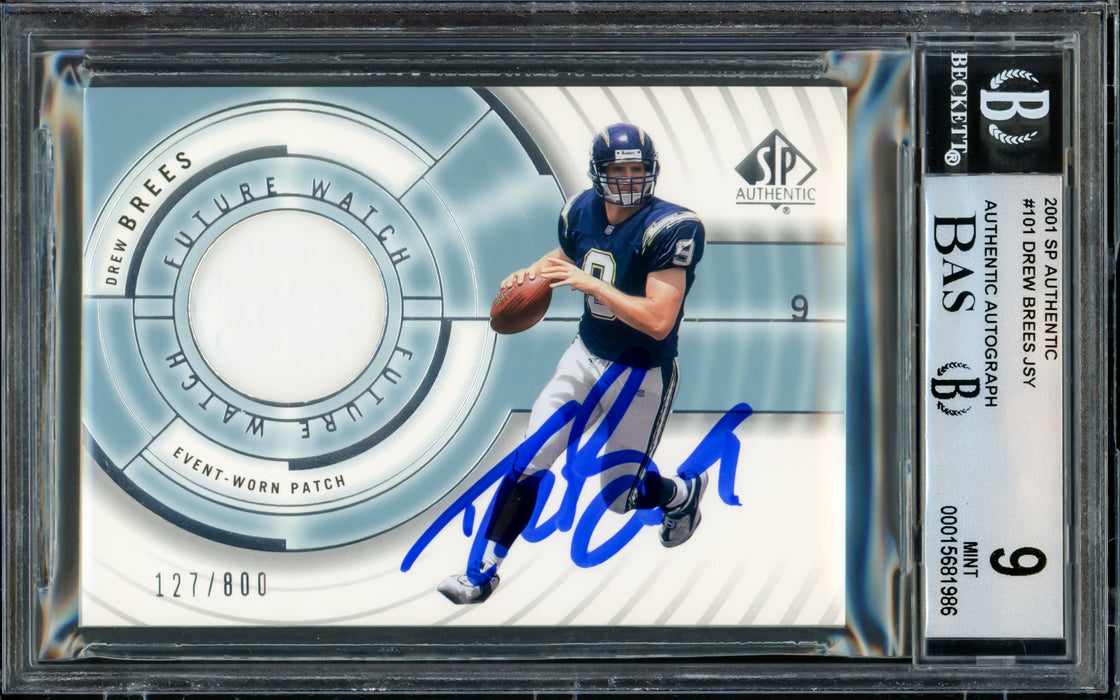 Drew Brees Autographed 2001 Upper Deck SP Authentic Rookie Card #101 San Diego Chargers BGS 9 Auto Grade Gem Mint 10 Jersey Patch #127/800 Beckett BAS #15681986