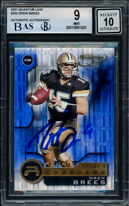 Drew Brees Autographed 2001 Quantum Leaf Rookie Card #202 San Diego Chargers BGS 9 Auto Grade Gem Mint 10 Beckett BAS #15681820