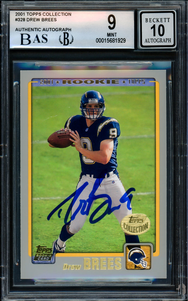 Drew Brees Autographed 2001 Topps Collection Rookie Card #328 San Diego Chargers BGS 9 Auto Grade Gem Mint 10 Highest Graded Beckett BAS #15681929