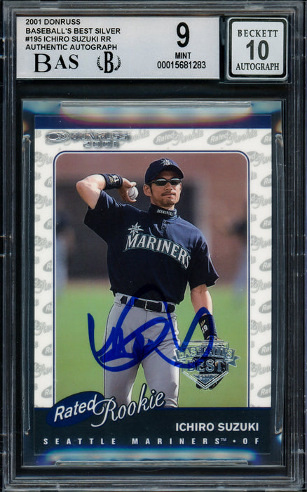 grade 9 baseball card Ichiro Suzuki Autographed 2001 Donruss Baseball's Best Silver Rookie C — RSA