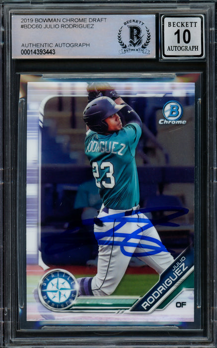 Julio Rodriguez Autographed 2019 Bowman Chrome Draft Rookie Card #BDC60 Seattle Mariners Auto Grade Gem Mint 10 Beckett BAS #14393443