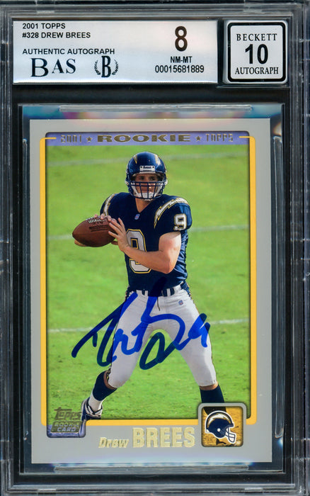 Drew Brees Autographed 2001 Topps Rookie Card #328 San Diego Chargers BGS 8 Auto Grade Gem Mint 10 Beckett BAS Stock #216468