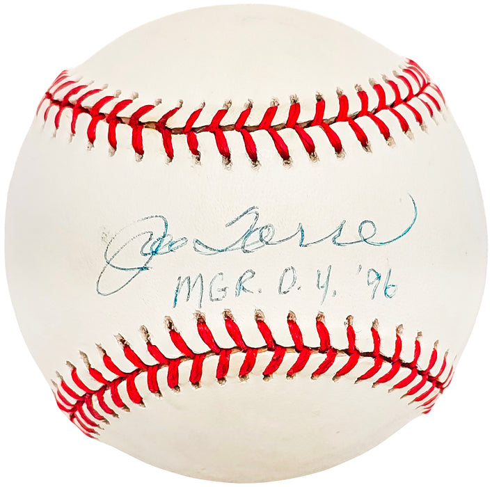 Joe Torre Autographed Official 1996 World Series Logo Baseball New York Yankees "Mgr. O.Y. 96" Beckett BAS #BH038090