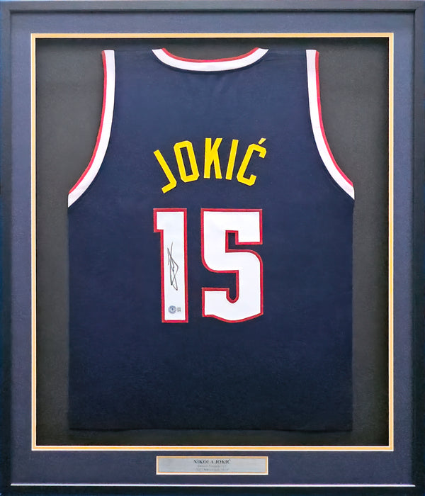 Denver Nuggets Nikola Jokic Autographed Framed Blue Jersey Beckett BAS QR Stock #218626