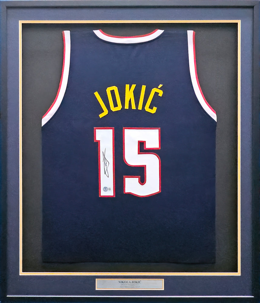 Denver Nuggets Nikola Jokic Autographed Framed Blue Jersey Beckett BAS QR Stock #218626