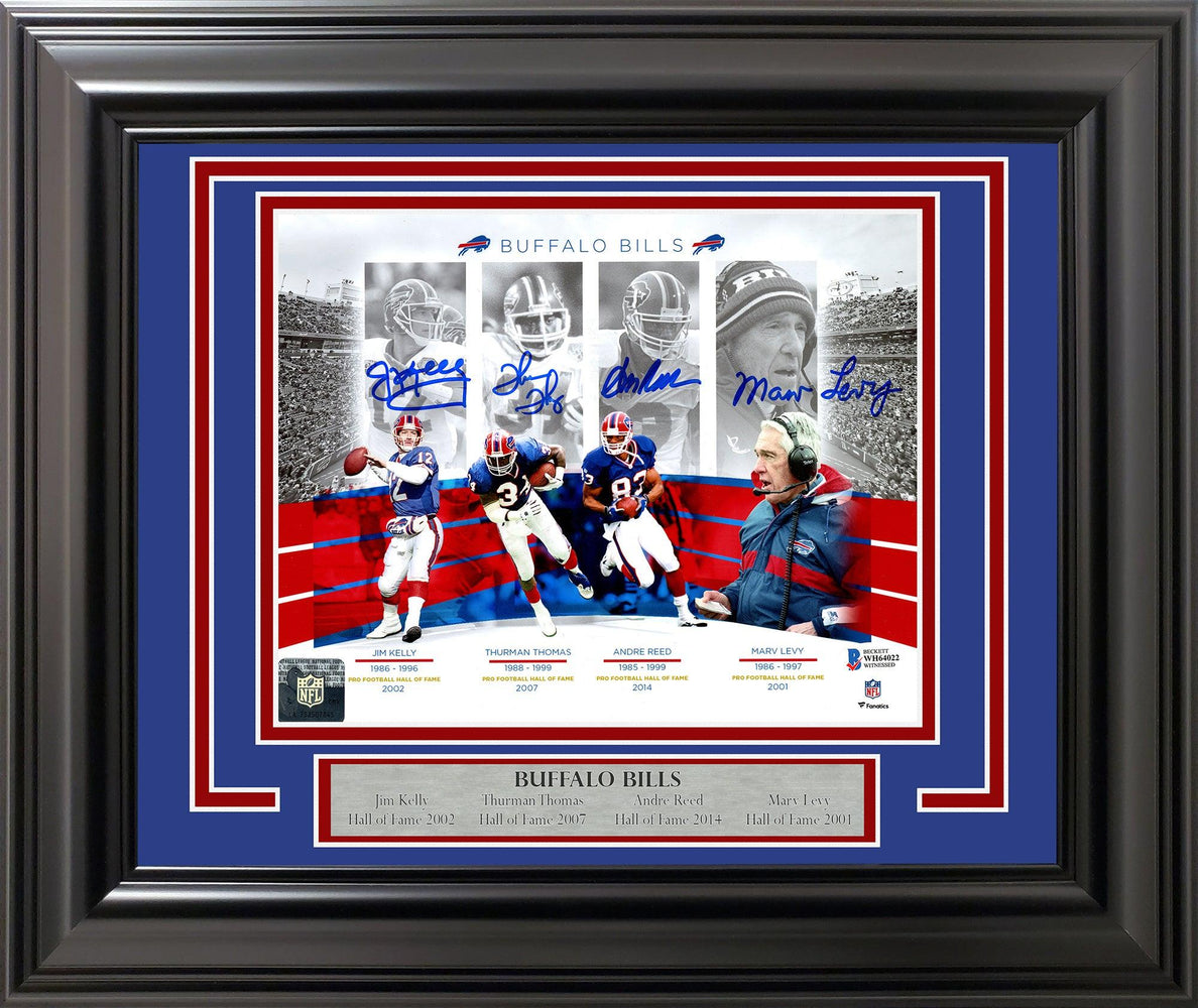 Buffalo Bills Hall Of Famers Autographed Framed 8x10 Photo With 4 Signatures Including Jim Kelly & 3 Others Beckett BAS Stock #209407 - RSA