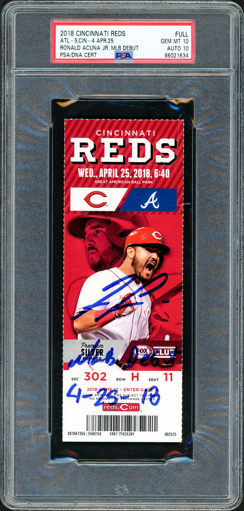 Ronald Acuna Jr. Autographed 2.25x6 April 25th, 2018 MLB Debut Full Ticket Atlanta Braves PSA 10 Auto Grade Gem Mint 10 "MLB Debut 4-25-18" PSA/DNA #66021634