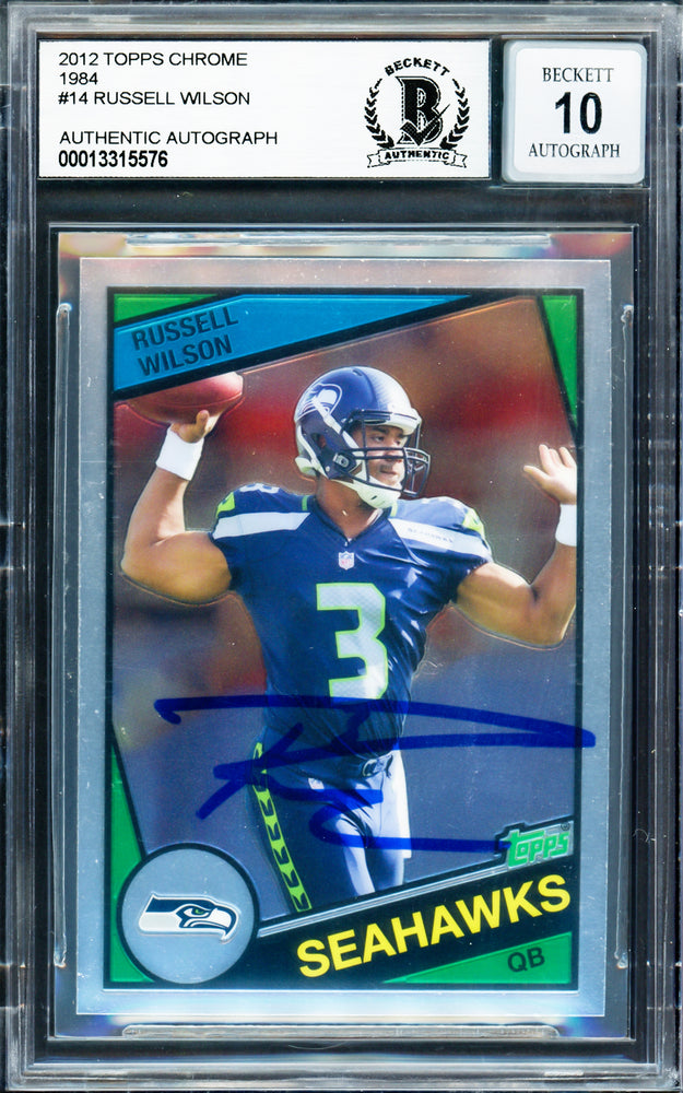 Russell Wilson Autographed 2012 Topps Chrome 1984 Rookie Card #14 Seattle Seahawks Auto Grade Gem Mint 10 Beckett BAS Stock #220157