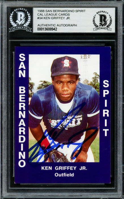 Ken Griffey Jr. Autographed 1988 Cal Leagues Rookie Card #34 Seattle Mariners San Bernardino Spirit Beckett BAS Stock #220293