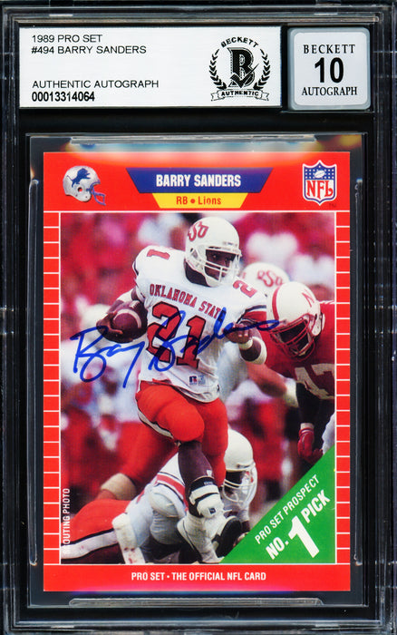 Barry Sanders Autographed 1989 Pro Set Rookie Card #494 Detroit Lions Auto Grade Gem Mint 10 Beckett BAS Stock #220306