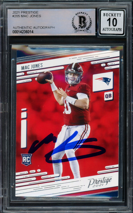 Mac Jones Autographed 2021 Panini Prestige Rookie Card #205 New England Patriots Auto Grade Gem Mint 10 Beckett BAS Stock #220339