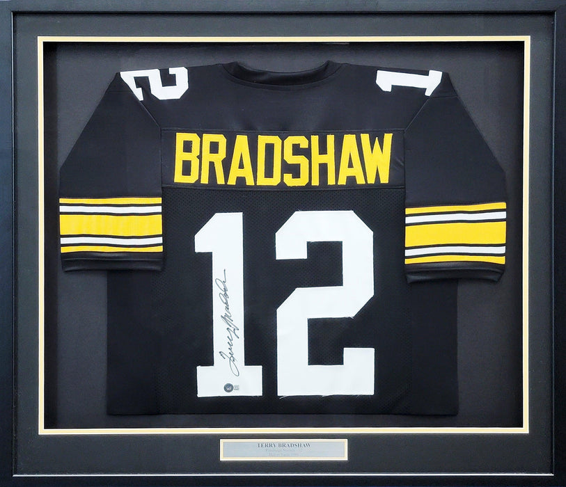 Pittsburgh Steelers Terry Bradshaw Autographed Framed Black Jersey Beckett BAS Stock #206949 - RSA