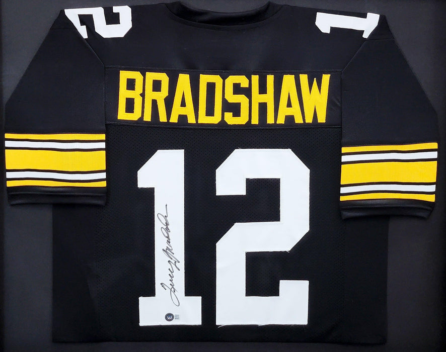 Pittsburgh Steelers Terry Bradshaw Autographed Framed Black Jersey Beckett BAS Stock #206949 - RSA