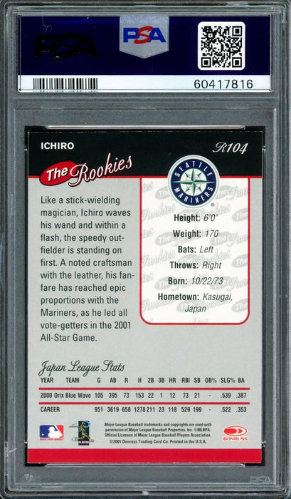 Ichiro Suzuki Autographed 2001 Donruss The Rookies Rookie Card #R104 Seattle Mariners Auto Grade Gem Mint 10 PSA/DNA #60417816 - RSA
