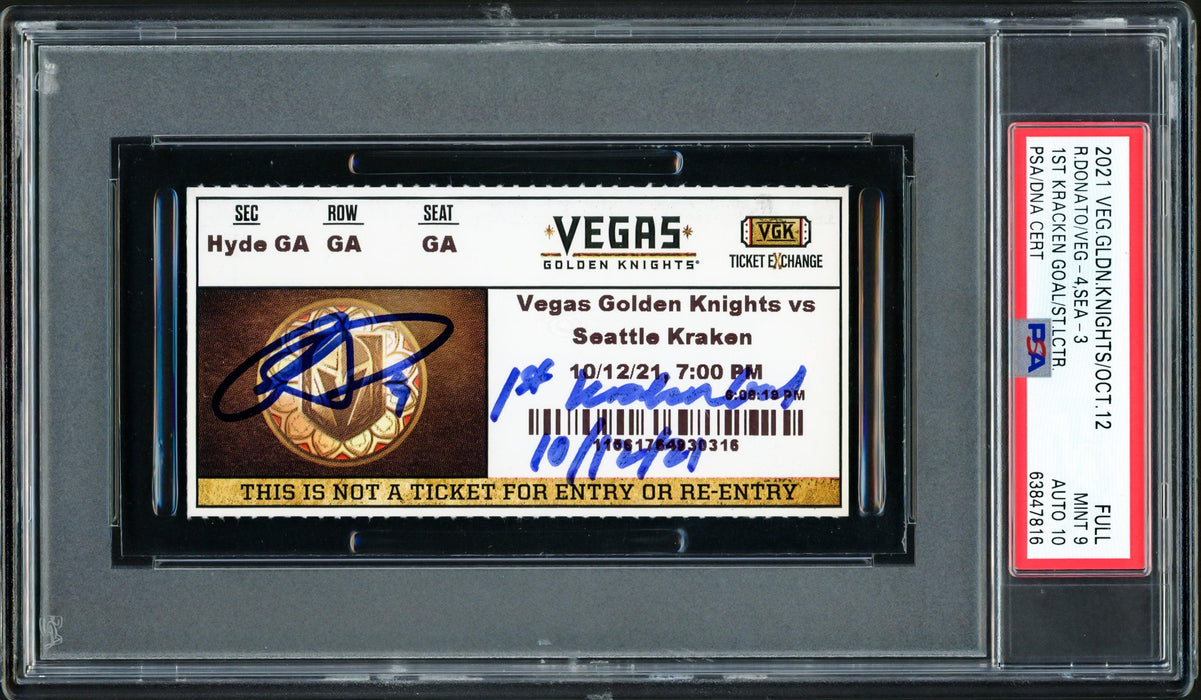 Ryan Donato Autographed Seattle Kraken Inaugural First Game Ticket PSA 9 Auto Grade Gem Mint 10 "1st Kraken Goal 10/12/21" Highest Graded PSA/DNA #63847816 - RSA