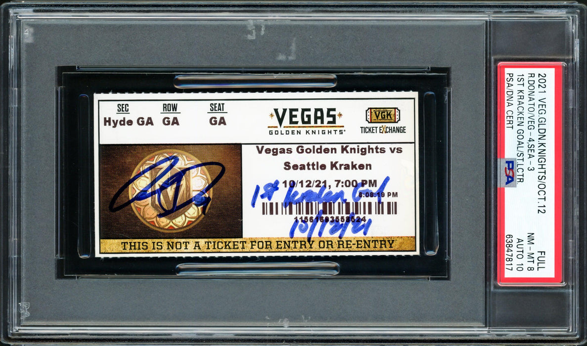 Ryan Donato Autographed Seattle Kraken Inaugural First Game Ticket PSA 8 Auto Grade Gem Mint 10 "1st Kraken Goal 10/12/21" PSA/DNA #63847817 - RSA