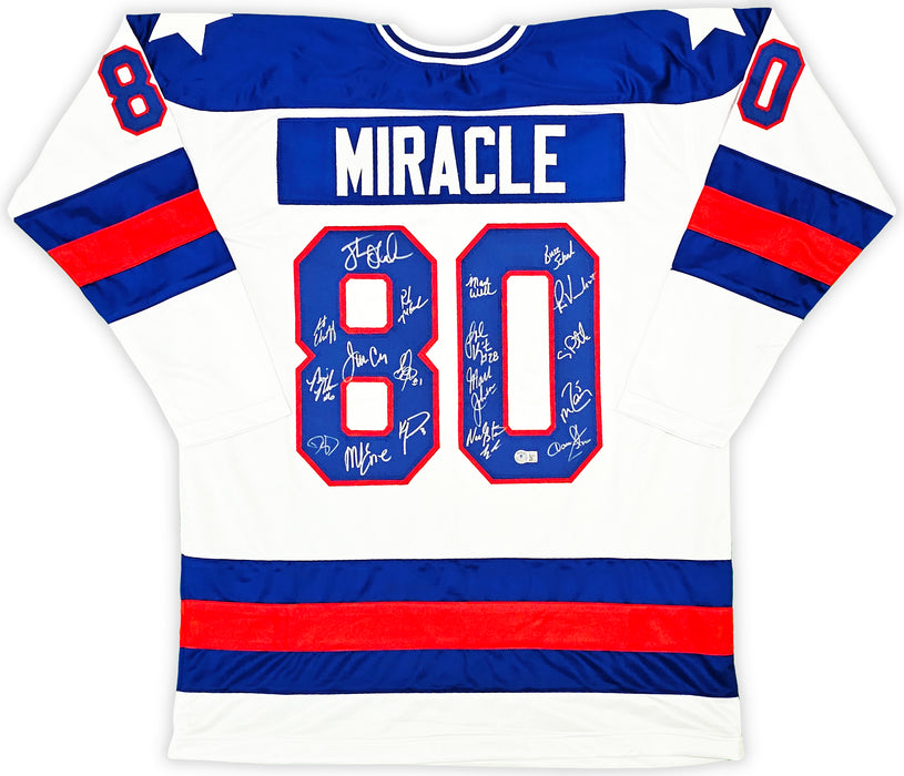 1980 USA Olympics Hockey Miracle On Ice Team Signed Autographed White Jersey With 19 Signatures Including Jim Craig & Mike Eruzione Do You Believe In Miracles? Beckett BAS Witness Stock #217989