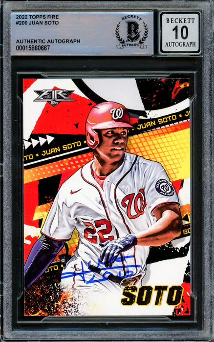 Juan Soto Autographed 2022 Topps Fire Card #200 Washington Nationals Auto Grade Gem Mint 10 Beckett BAS #15860667