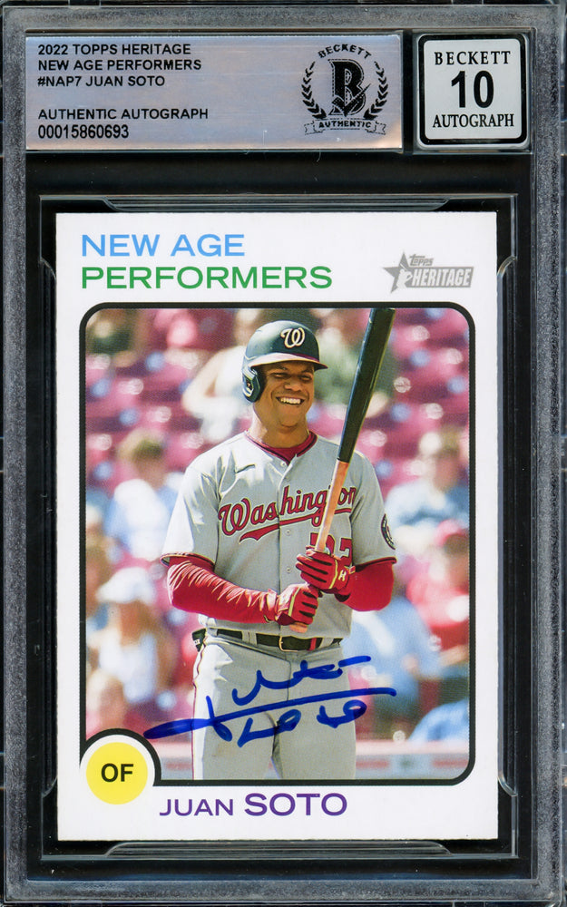 Juan Soto Autographed 2022 Topps Heritage New Age Performers Card #NAP-7 Washington Nationals Auto Grade Gem Mint 10 Beckett BAS #15860693
