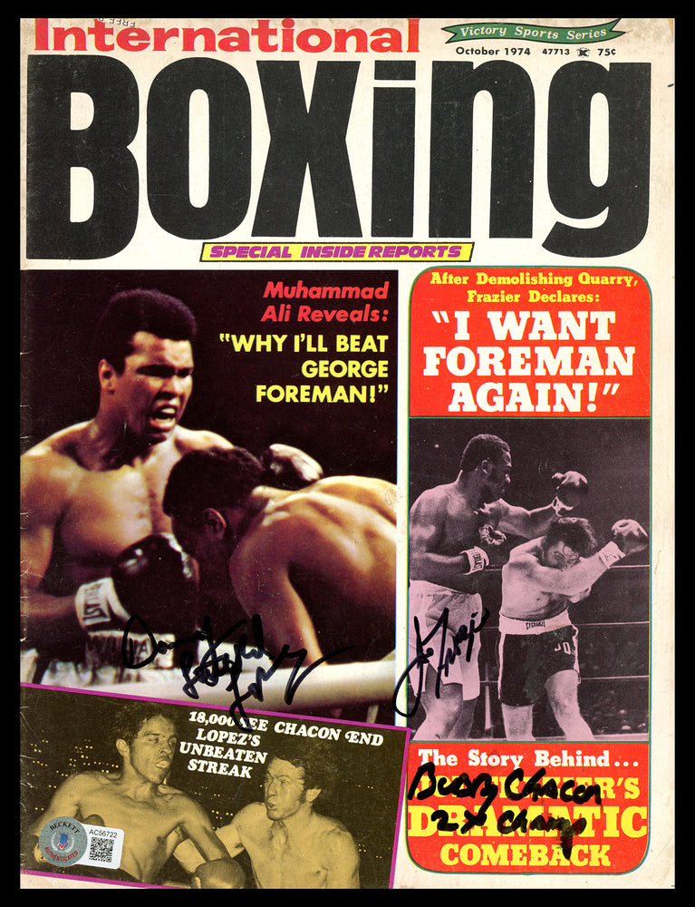 Joe Frazier, Danny Lopez & Bobby Chacon Autographed International Boxing Magazine Beckett BAS #AC56722