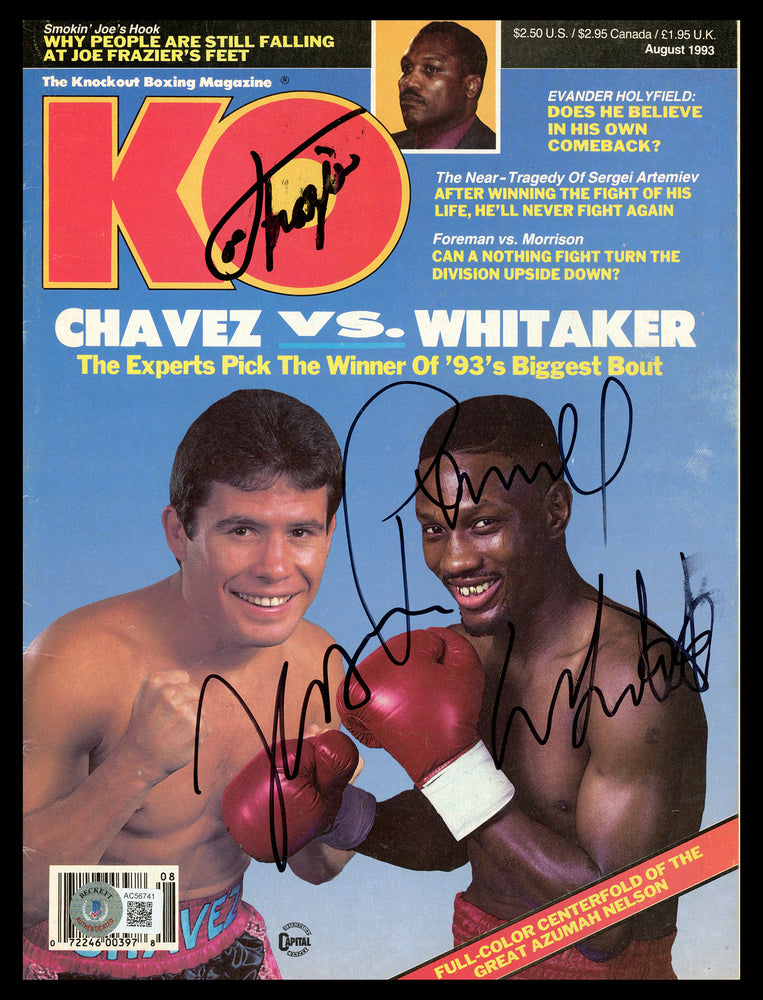 Julio Cesar Chavez, Joe Frazier & Pernell Whitaker Autographed KO Magazine (Smudged) Beckett BAS #AC56741