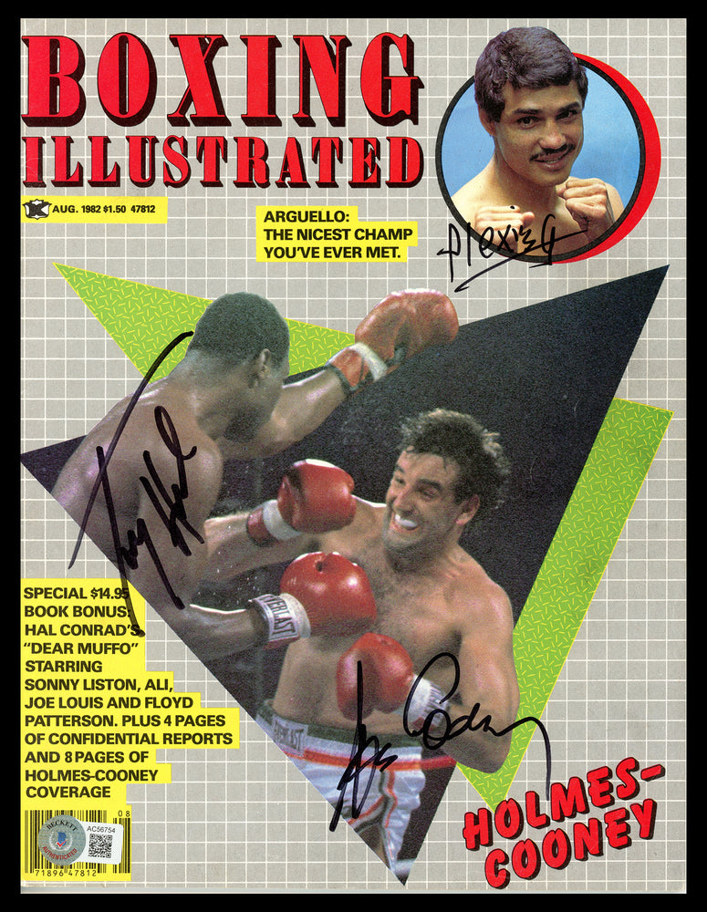 Alexis Arguello, Larry Holmes & Gerry Cooney Autographed Boxing Illustrated Magazine Beckett BAS #AC56754