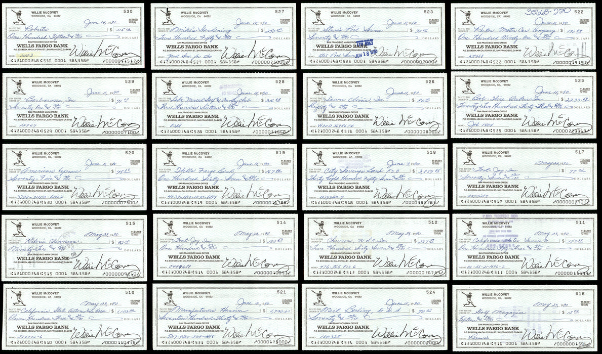 Lot of 20 Willie McCovey 3x6 Checks San Francisco Giants SKU #219429