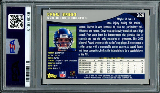 Drew Brees Autographed 2001 Topps Rookie Card #328 New Orleans Saints PSA 8 Auto Grade Gem Mint 10 PSA/DNA #64838089 - RSA