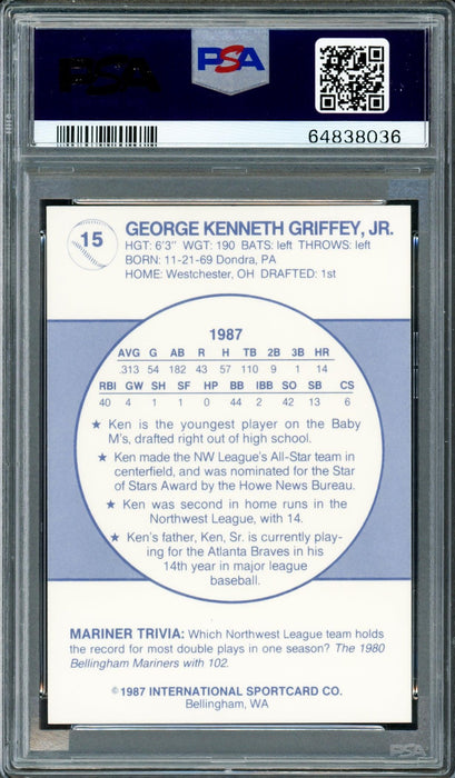 Ken Griffey Jr. Autographed 1987 Bellingham Rookie Card #15 Seattle Mariners PSA 8 Auto Grade Gem Mint 10 PSA/DNA #64838036 - RSA