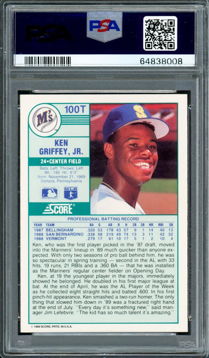 Ken Griffey Jr. Autographed 1989 Score Traded Rookie Card #100T Seattle Mariners PSA 10 Auto Grade Mint 9 PSA/DNA #64838008 - RSA