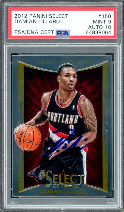 Damian Lillard Autographed 2012 Panini Select Rookie Card #150 Portland Trail Blazers PSA 9 Auto Grade Gem Mint 10 On Card PSA/DNA #64838064 - RSA
