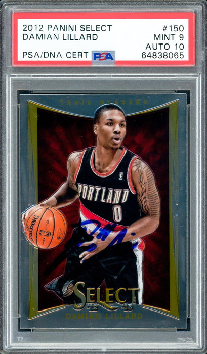 Damian Lillard Autographed 2012 Panini Select Rookie Card #150 Portland Trail Blazers PSA 9 Auto Grade Gem Mint 10 On Card PSA/DNA #64838065 - RSA
