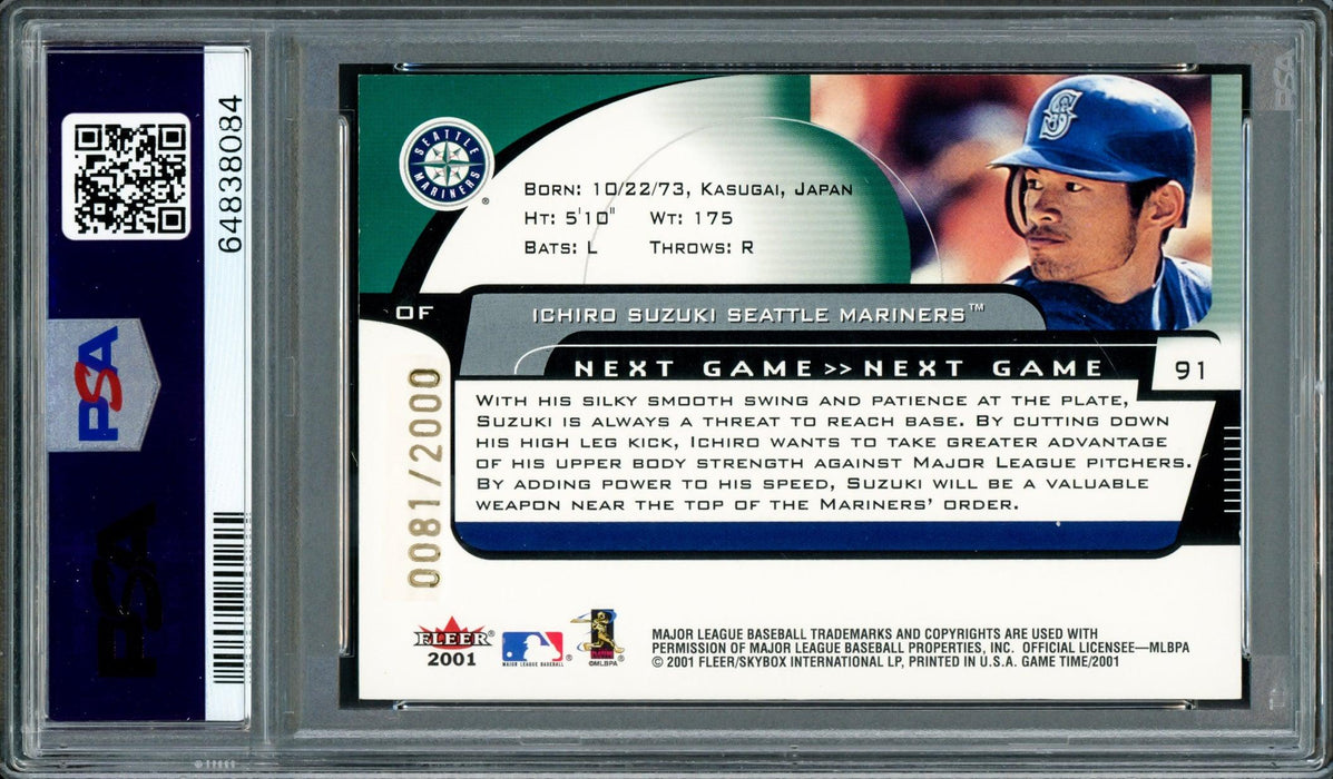 Ichiro Suzuki Autographed 2001 Fleer Game Time Rookie Card #91 Seattle Mariners PSA 9 Auto Grade Gem Mint 10 #81/2000 PSA/DNA #64838084 - RSA